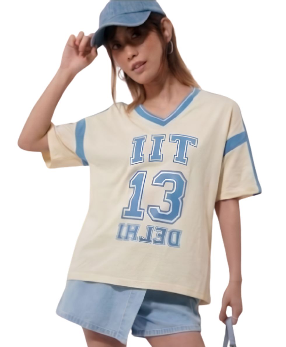 3 Women’s IIT 13 Oversized Varsity Graphic Casual V-Neck T-Shirt - Image 1